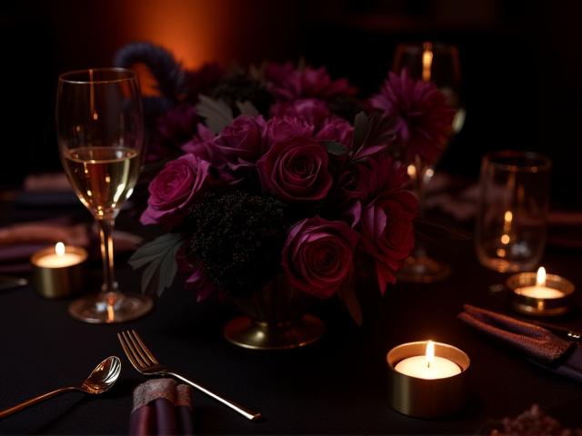 Borddekorasjon til et event, formet som en elegant jazzklubb-atmosfære, med mørke blomster, fjær og dempet belysning.