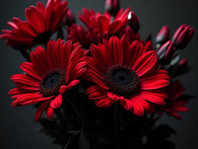 Et dristig rock-inspirert blomsterarrangement med sterke røde og svarte farger, piggete teksturer og en rå energi.